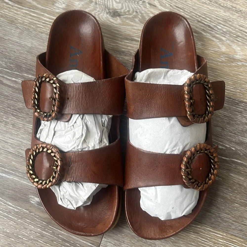 Antenora brown Leather Sandals size 39 or 9 slides handmade Italy buckles NEW